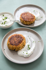 2 Teller mit vegetarischen Haferflocken Hüttenkäse Bratlinge und Kräuter Quark