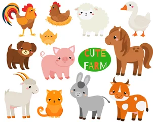 Fototapete Bauernhof Niedliche Cartoon-Vieh-Set. Ziege, Schwein, Pferd und andere Haustiere für Kinder und Kinder