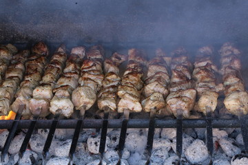Shish kebabs are fried on the grill