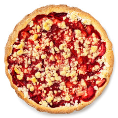 Summer strawberry tart with crumble isolated on white from above.