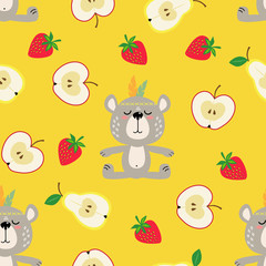 seamless background of vector cheerful figures of bears and fruits