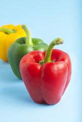 Sweet Green, Yellow, Red Bell Peppers isolated on Blue background. Cooking Ingredients.