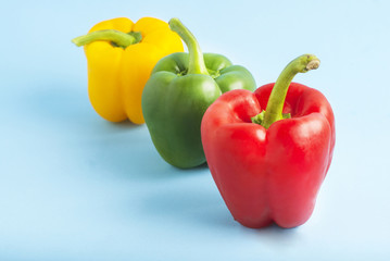 Sweet Green, Yellow, Red Bell Peppers isolated on Blue background. Cooking Ingredients.