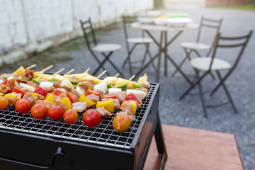 Assorted delicious barbecue with meat and vegetable on the stove