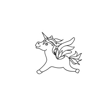 Cute baby unicorn pony kids coloring page line art isolated on white
