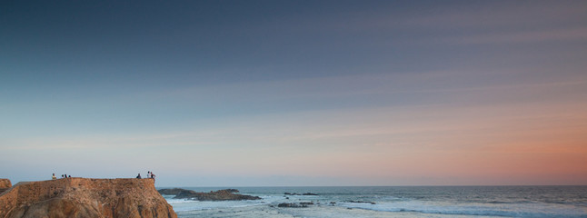 Panorama of tourists on fort wall at sunset, Galle, Sri Lanka