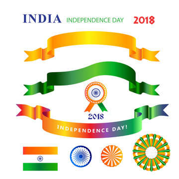 Ribbons banners and icons, logo, symbols set for Independence Day 15th of August, India Holiday, Greeting card. Indian flag, fireworks, confetti, decoration, Event festival