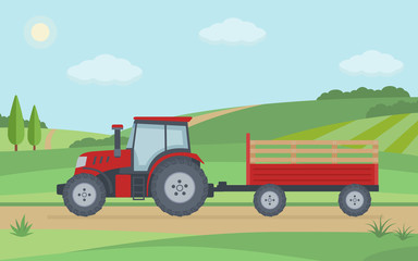 Red tractor with trailer on rural landscape background. Flat style vector illustration.
