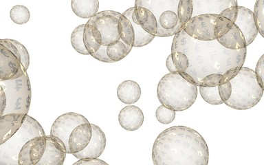 Bitcoin economic financial bubble. Cryptocurrency 3D illustration. Business concept. Golden bubbles on a white background