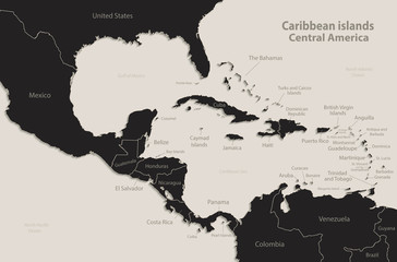 Caribbean islands Central America map state names Black blackboard separate states individual vector