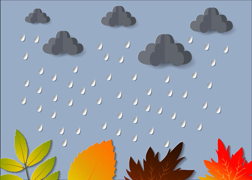 The Concept is Rainy season umbrella in the air with cloud and rain paper cut style. vector design element