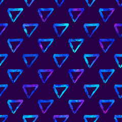 seamless pattern brush triangles . Blue color on violet background. Hand painted grange texture. Ink geometric elements. Fashion modern style. Endless fantasy plaid fabric print. Watercolor