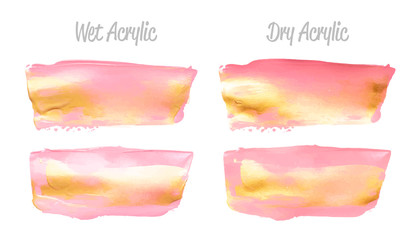 Obraz premium Vector pink and gold paint smear stroke stain set. Abstract gold glittering textured art illustration. Gold Texture Paint Stain Illustration. Hand drawn brush strokes vector elements. Acrilyc strokes.