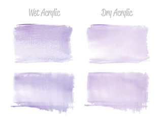 Vector violet paint smear stroke stain set. Abstract wet and dry acrylic textured art illustration. Acrylic Texture Paint Stain Illustration. Hand drawn brush strokes vector elements. Acrilyc strokes.