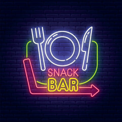 Snack bar neon sign, bright signboard, light banner. Cafe and restaurant logo, emblem. Vector illustration