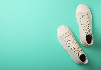 Pair of stylish sneakers on color background, top view