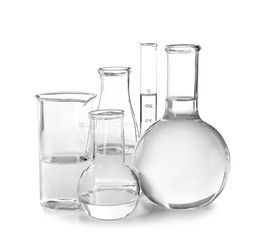 Flasks with liquid on white background. Laboratory analysis equipment
