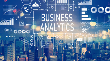 Business Analytics with aerial view of city skylines at night