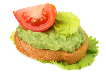 sandwich with avocado cream isolated on white background. Healthy food
