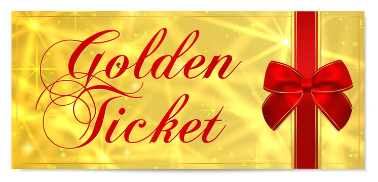 Golden ticket, Gold ticket (tear-off) vector template design with star golden background. Useful for Coupon, any festival, party, cinema, event, entertainment show, concert
