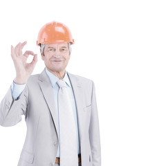 senior engineer showing OK sign. isolated on white