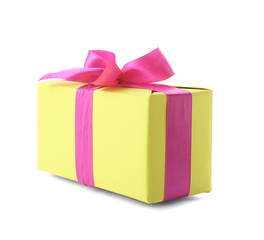 Beautiful gift box with ribbon on white background