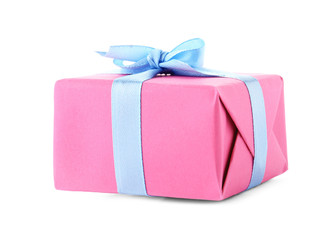 Beautiful gift box with ribbon on white background