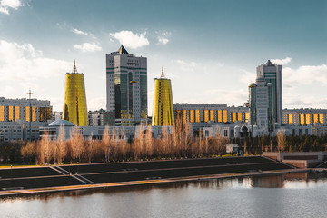 Elevated panoramic city view over Astana in Kazakhstan with Golden Towers aka the Beer Cans and...
