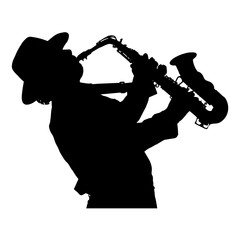 Vector drawing. Silhouette of a man with a saxophone. Saxophonist.