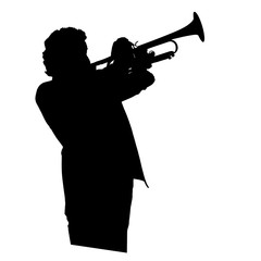 Vector drawing. Silhouette of a man with a trumpet. Trumpeter.