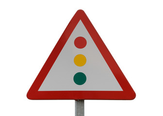 road sign warning about traffic light isolated on white background