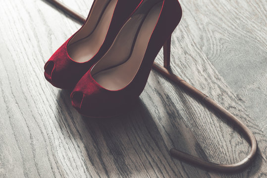 Woman Legs Wearing High Heels Red Shoes On Dark Fashion Background Stock  Photo - Download Image Now - iStock