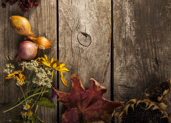 Vegetables on vintage wood background. flat lay composition, Autumn (fall)