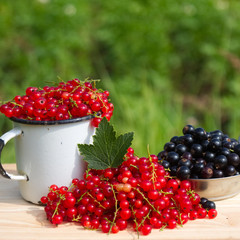 Still-life photo with fresh currant berries on wooden plank for promo