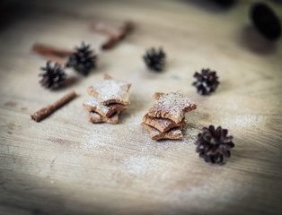Christmas table. blurred image homemade cookies on wooden backg