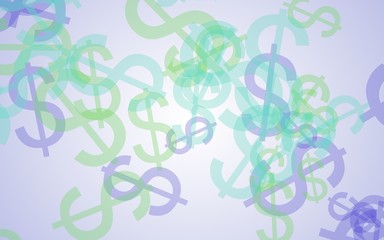 Multicolored translucent dollar signs on white background. Green tones. 3D illustration