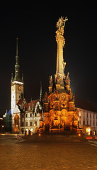 Holy Trinity column and townhouse at Upper Square (Horni namesti) in Olomouc. Moravia. Czech Republic