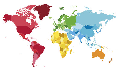 Fototapeta na wymiar Political blank World Map vector illustration with different colors for each continent and different tones for each country. Editable and clearly labeled layers.