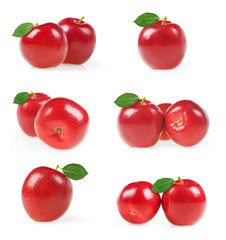Collection of red apples with green leaf isolated on white background