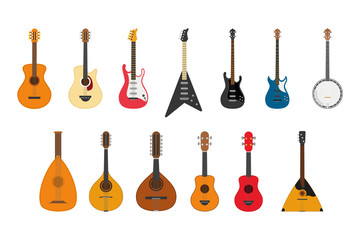 Vector illustration set of string instruments playing by plucking the strings - obrazy, fototapety, plakaty