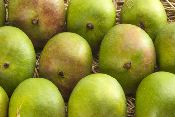Raw mangoes on dry grass 
