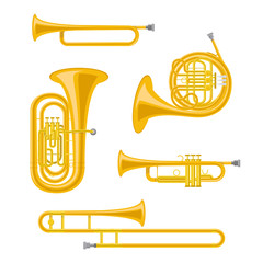 Fototapeta premium Vector illustration set of brass musical instruments in cartoon style isolated on white background