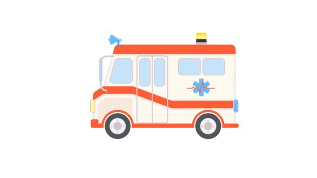 Cartoon ambulance truck. Cute footage of emergency car in flat style. Doodle medical loop concept. Animation with alpha   channel.