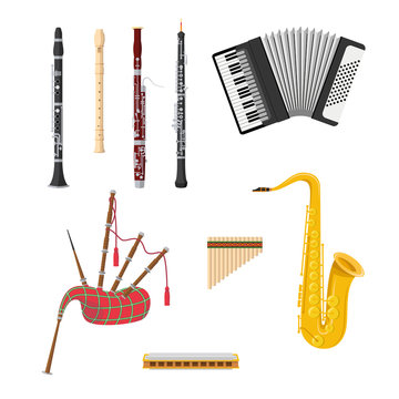 Vector illustration set of woodwind musical instruments in cartoon style isolated on white background