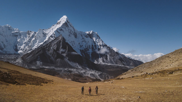 Rear view of hikers walking on landscape against blue sky