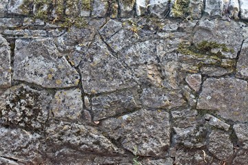 Sandstone wall with moss in sunshine
