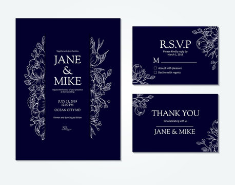 Dark Blue Wedding Invitation Card Template With Vector Peony And Roses.