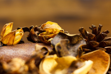 Christmas decorations, pine cones and other dried vegetable parts, seeds on brown background