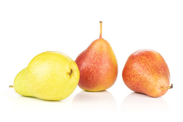 Group of three whole fresh red pear forelle variety isolated on white