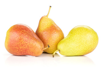 Group of three whole fresh red pear forelle variety set isolated on white